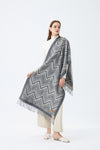 Elegant Chevron Patterned Wool Stole with Fringed Edge