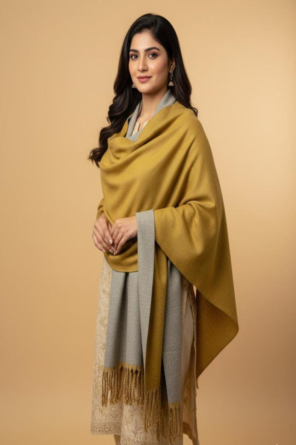 Wool Reversible Shawl: Mustard Yellow / Ash Grey