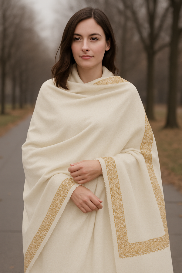 Elegant Handwoven Shawl with Delicate White Embroidery - White