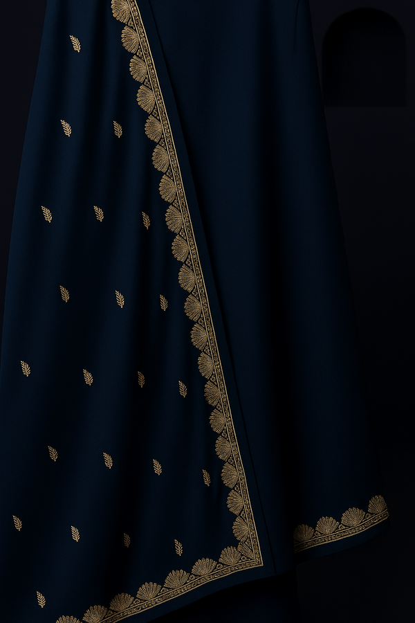 Swiss Lawn Shawl – Navy Blue with Golden Embroidery