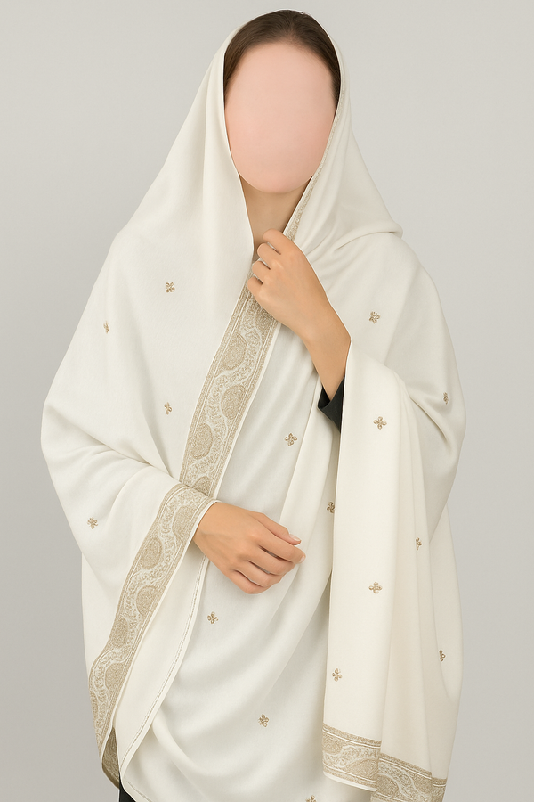 Swiss Lawn Shawl – white with Golden Embroidery