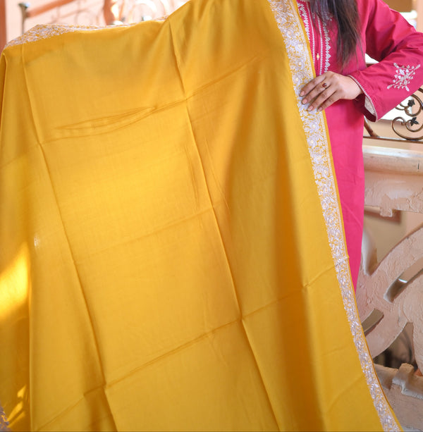 Elegant Handwoven Shawl with Delicate White Embroidery - Yellow