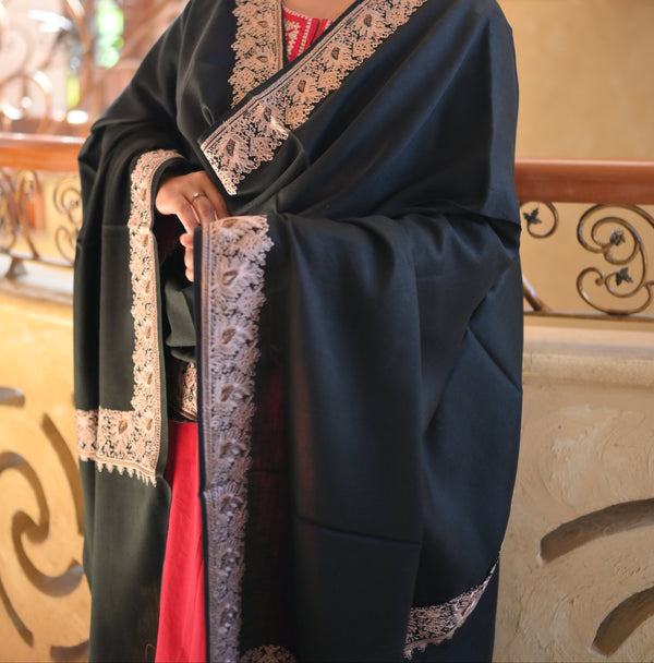 Elegant Handwoven Shawl with Delicate White Embroidery - Black