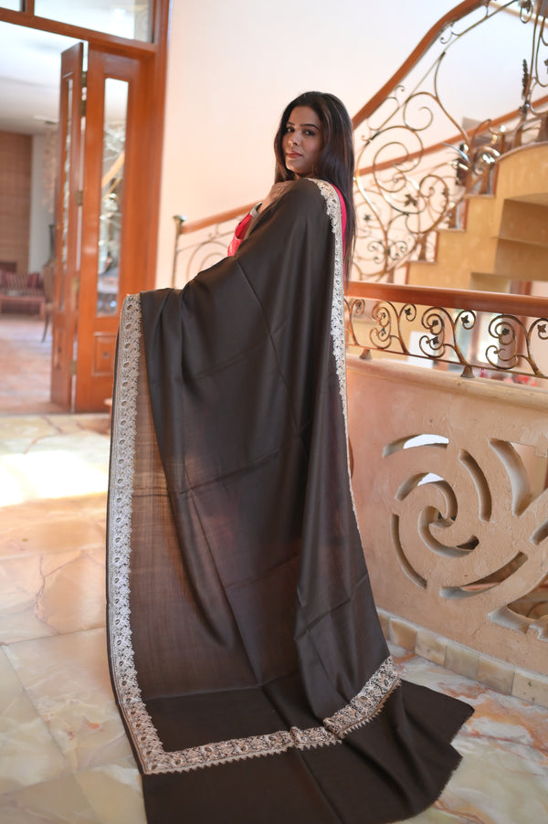 Elegant Handwoven Shawl with Delicate White Embroidery - Grey