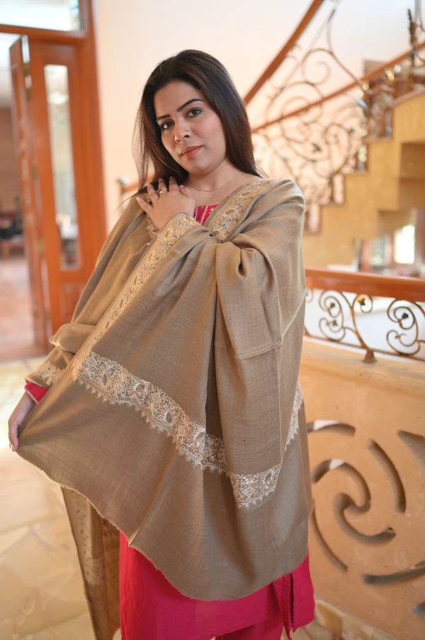 Elegant Handwoven Shawl with Delicate White Embroidery - Ivory