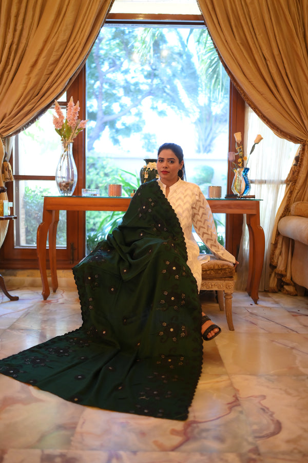 Luxurious Deep Shawl with Intricate Embroidered - Dark Green