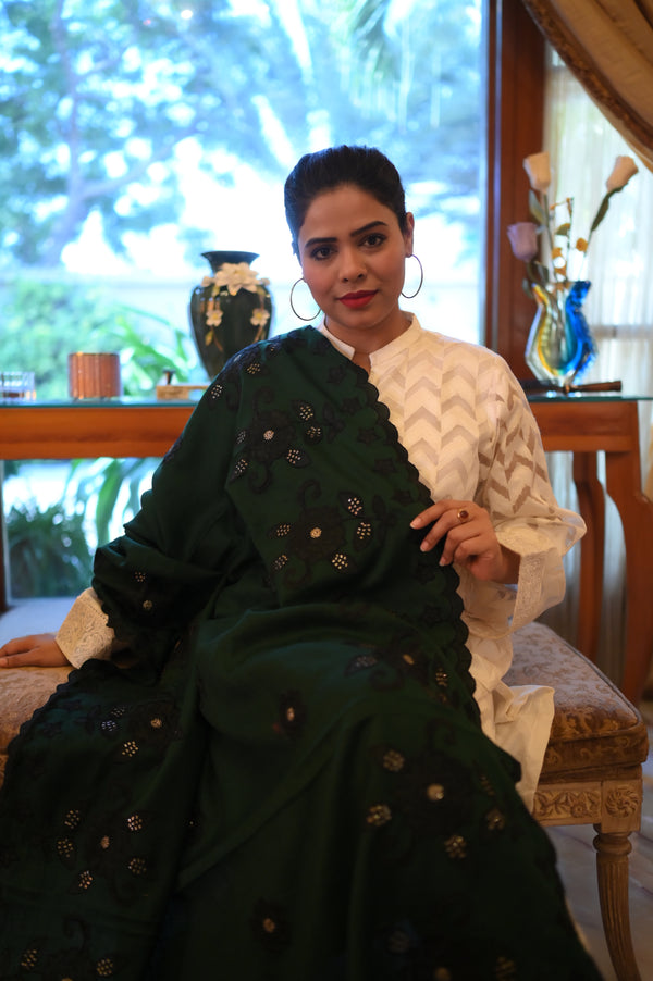 Luxurious Deep Shawl with Intricate Embroidered - Dark Green