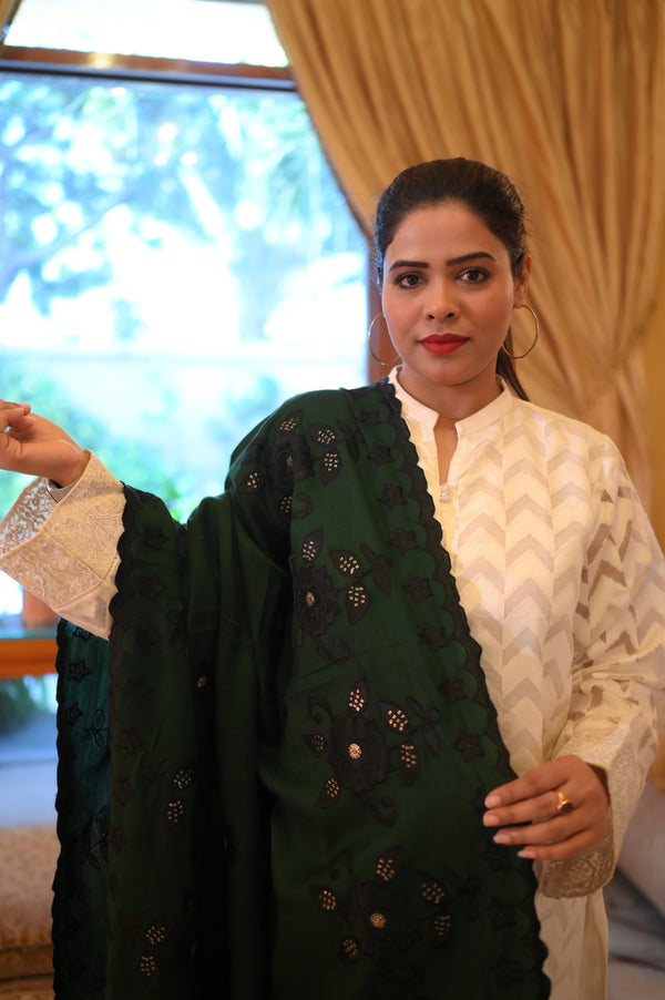Luxurious Deep Shawl with Intricate Embroidered - Dark Green