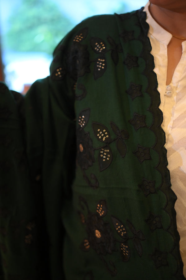 Luxurious Deep Shawl with Intricate Embroidered - Dark Green