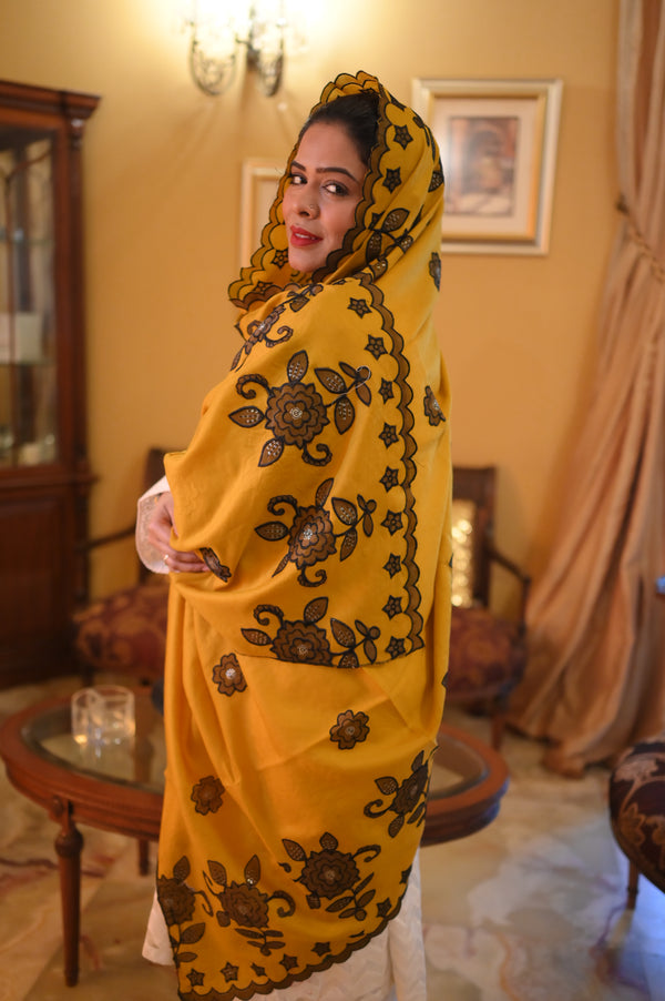 Luxurious Deep Shawl with Intricate Embroidered - Yellow
