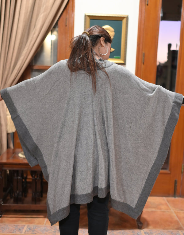 Stylish Wool Blend Cape Shawl with Contrast Border