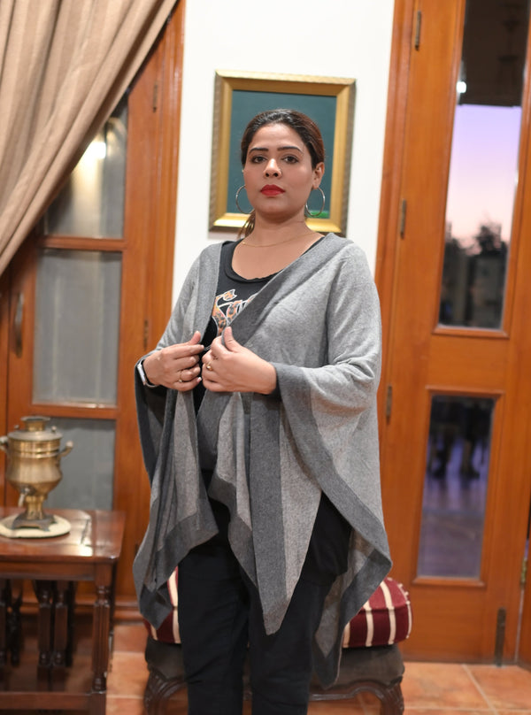 Stylish Wool Blend Cape Shawl with Contrast Border