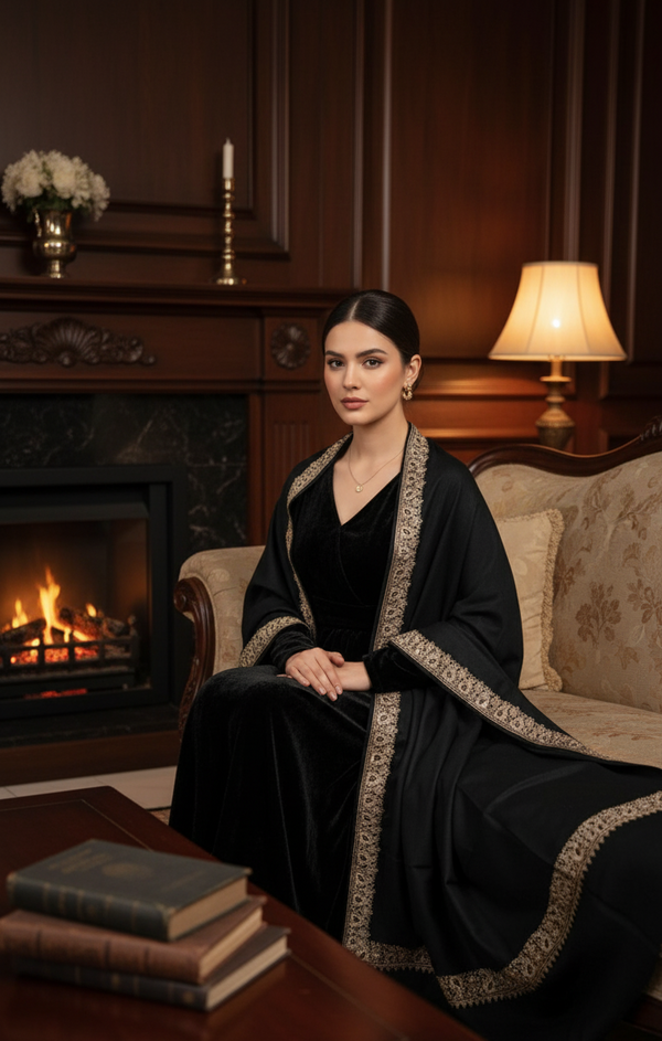 Elegant Handwoven Shawl with Delicate White Embroidery - Black