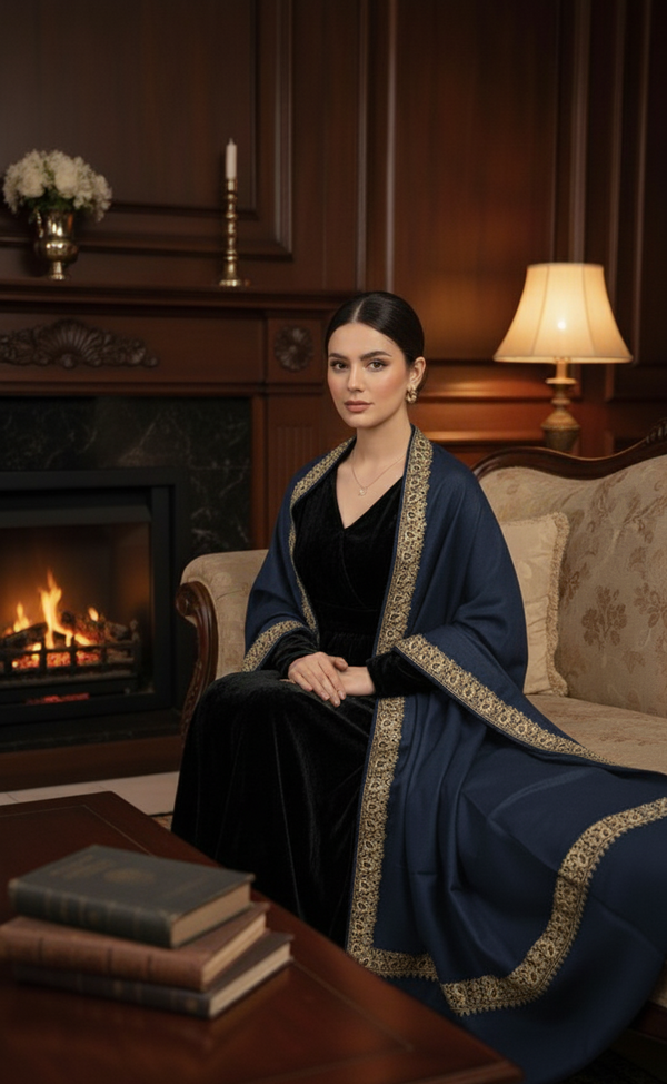 Elegant Handwoven Shawl with Delicate White Embroidery - Navy blue
