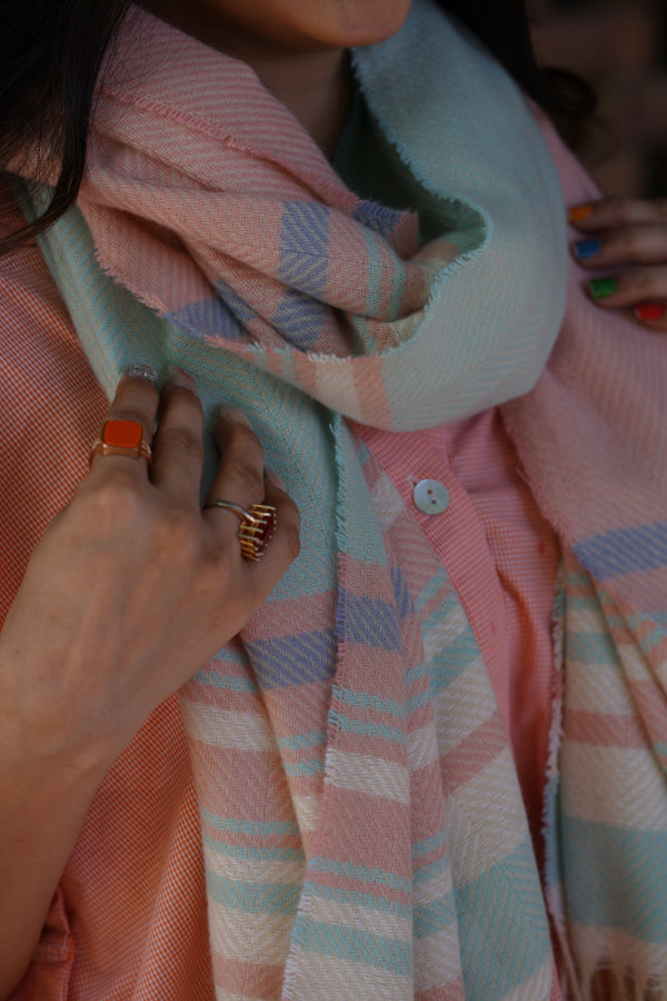 Turkish Style Wool Stole - Light Blue/Pink