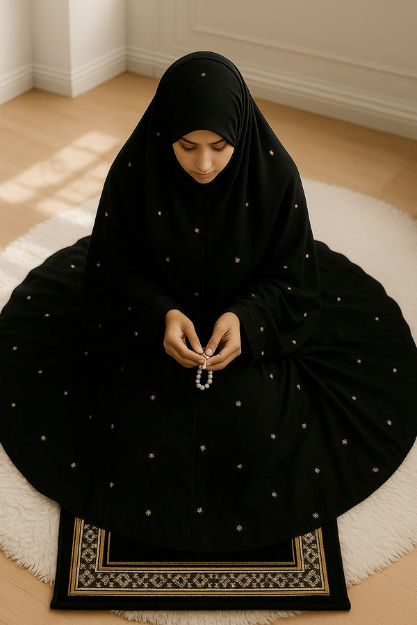 Person wearing a black hijab and dress with white embellishments, sitting on a rug.