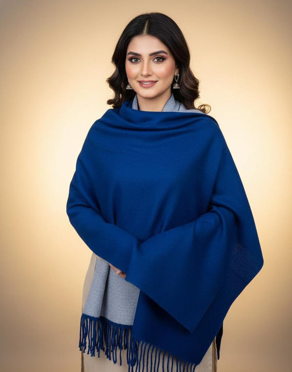 Wool Reversible Shawl: Royal Blue / Silver Grey