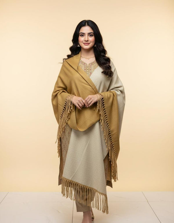 Wool Reversible Shawl: Ochre Gold / Beige