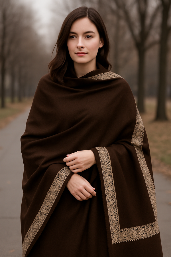 Elegant Handwoven Shawl with Delicate White Embroidery - Brown