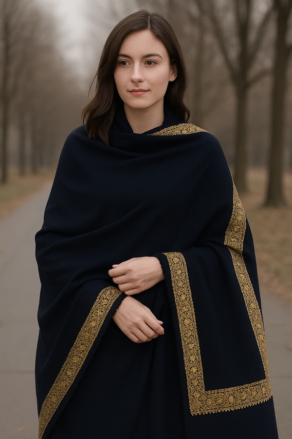 Elegant Handwoven Shawl with Delicate White Embroidery - Navy blue
