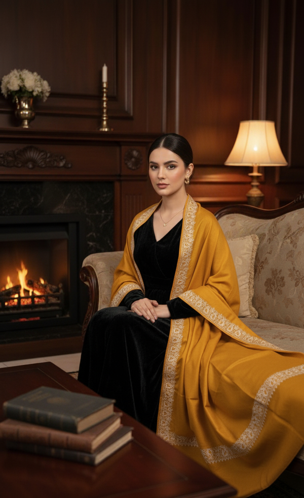 Elegant Handwoven Shawl with Delicate White Embroidery - Yellow